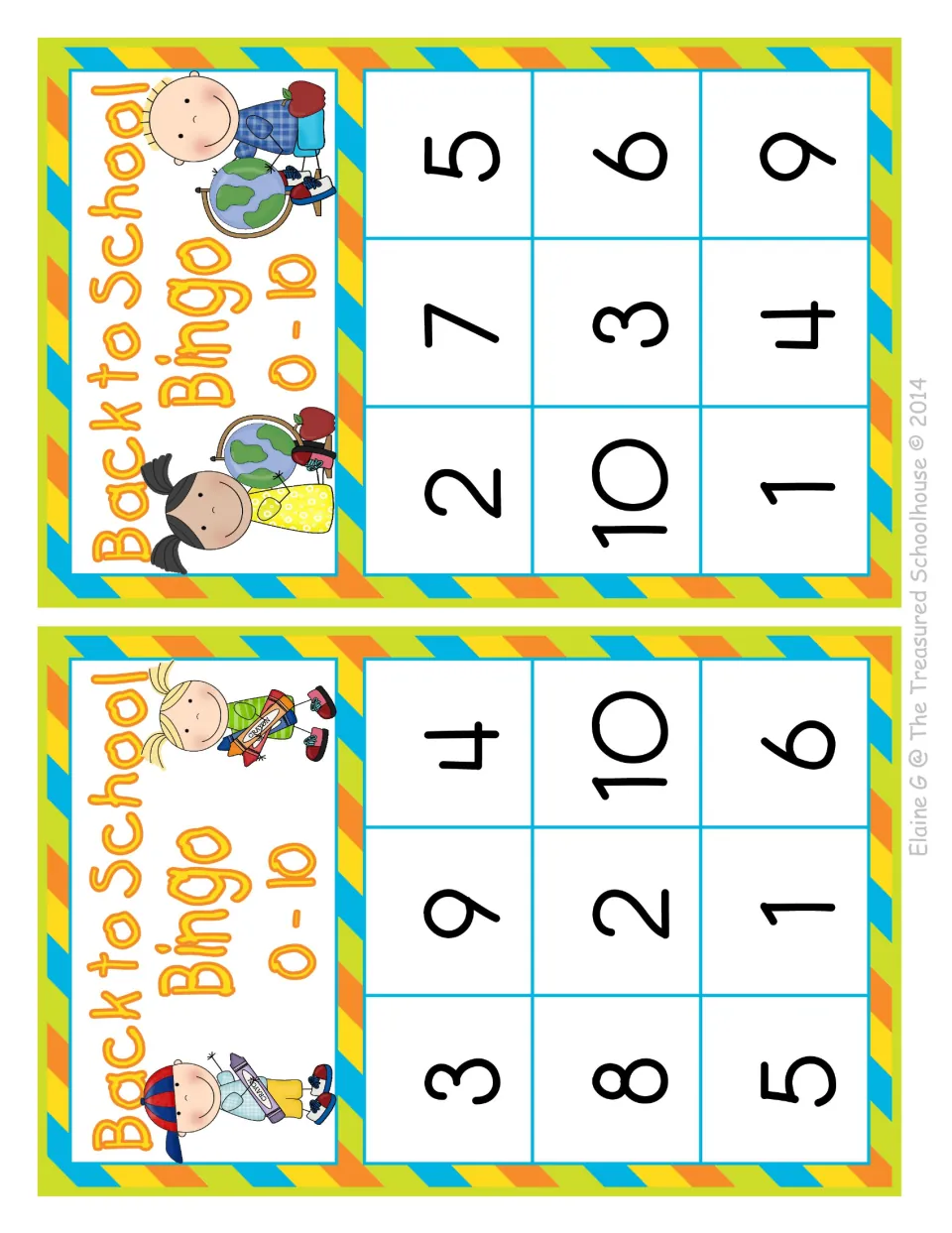 Number bingo 0-10: two more player cards, each with nine numerals students cover as heard; these lack 0 and 7, and 0 and 8