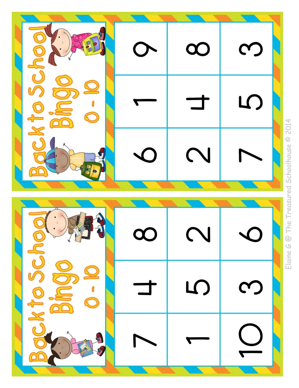 Hearing numbers 0-10: two bingo cards with nine numerals each for students to mark; one lacks 0 and 9, one 0 and 10