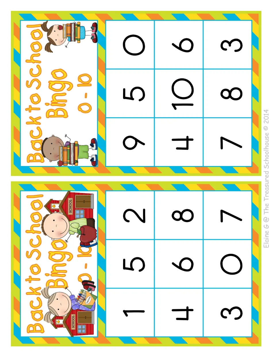 Numbers 0-10 bingo: final two player cards that include zero; one leaves out 9 and 10, the other leaves out 1 and 2
