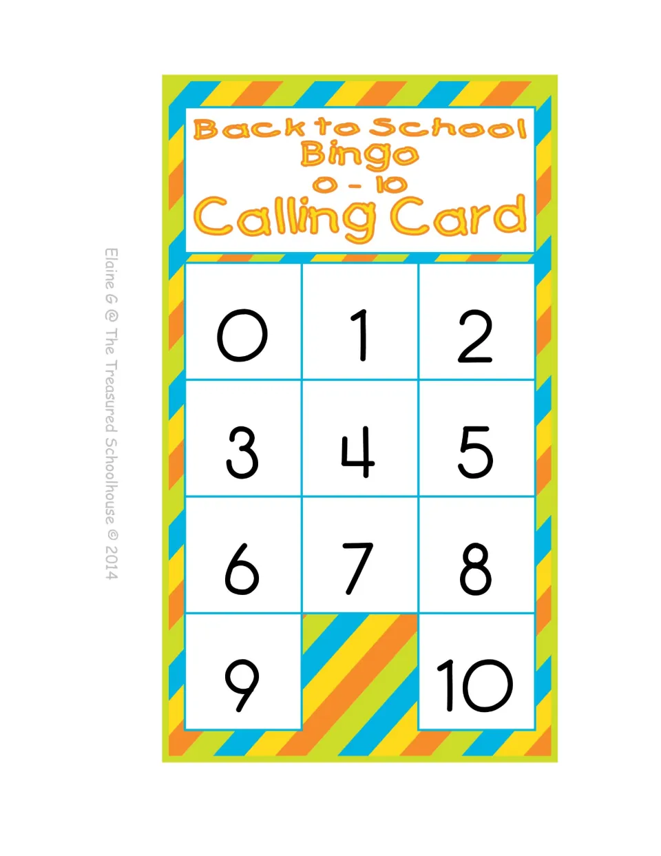 Calling card for numbers 0-10: the caller reads each numeral, 0 through 10, aloud while players search their own cards
