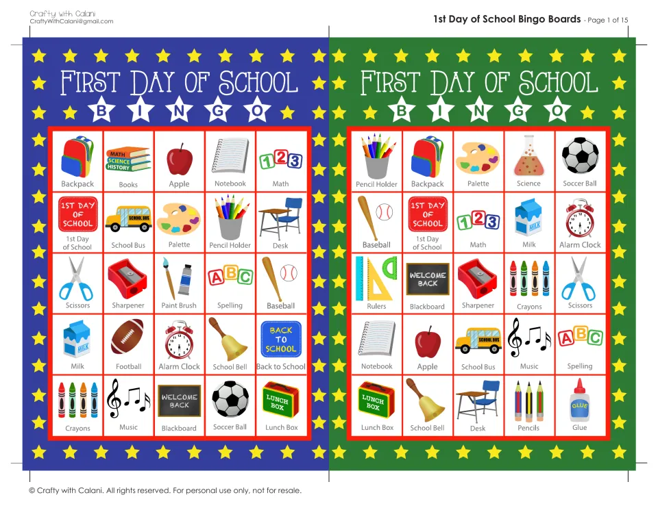 First Day of School bingo boards 1 and 2: students mark called pictures; top rows start with backpack and pencil holder