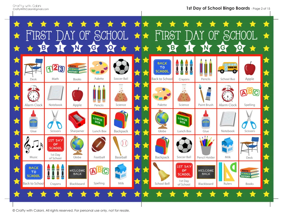 First Day of School bingo boards 3 and 4: students mark labeled school items; top rows start with desk and Back to School