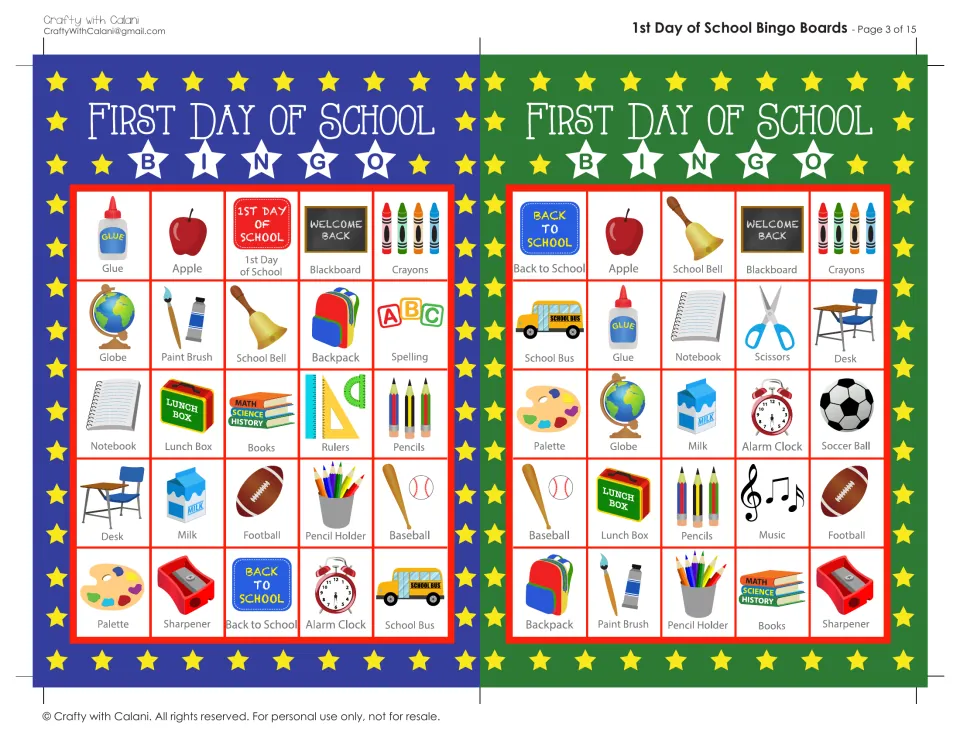 First Day of School bingo boards 5 and 6: students find called items such as glue, apple, blackboard and crayons