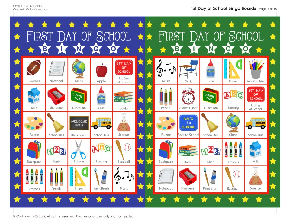 First Day of School bingo boards 7 and 8: students cover pictures; top rows begin with football, notebook, music and desk
