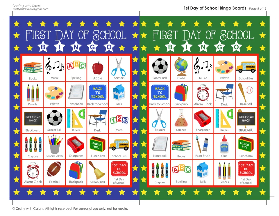 First Day of School bingo boards 9 and 10: students mark items like books, spelling, scissors, soccer ball and globe