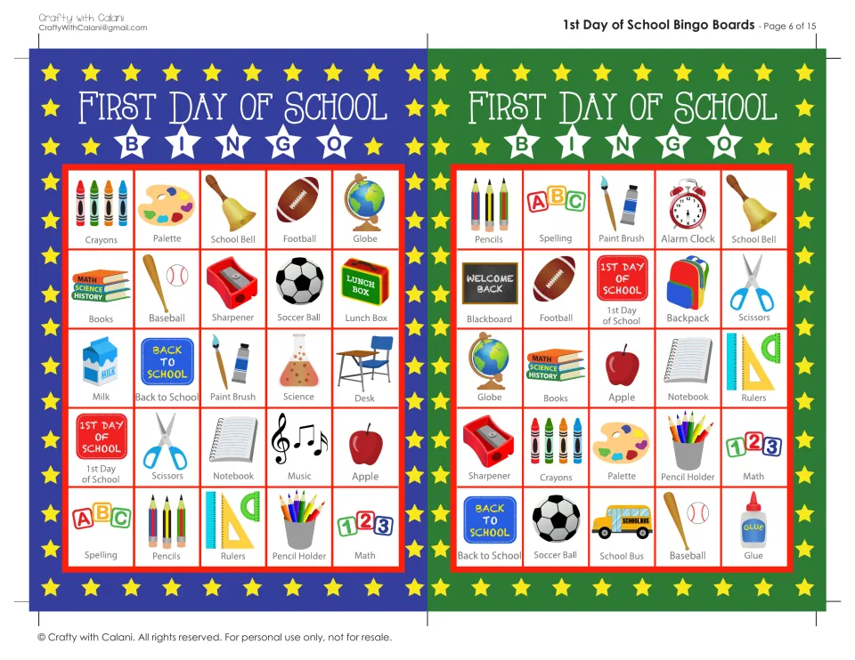 First Day of School bingo boards 11 and 12: students listen and mark crayons, school bell, paint brush and alarm clock