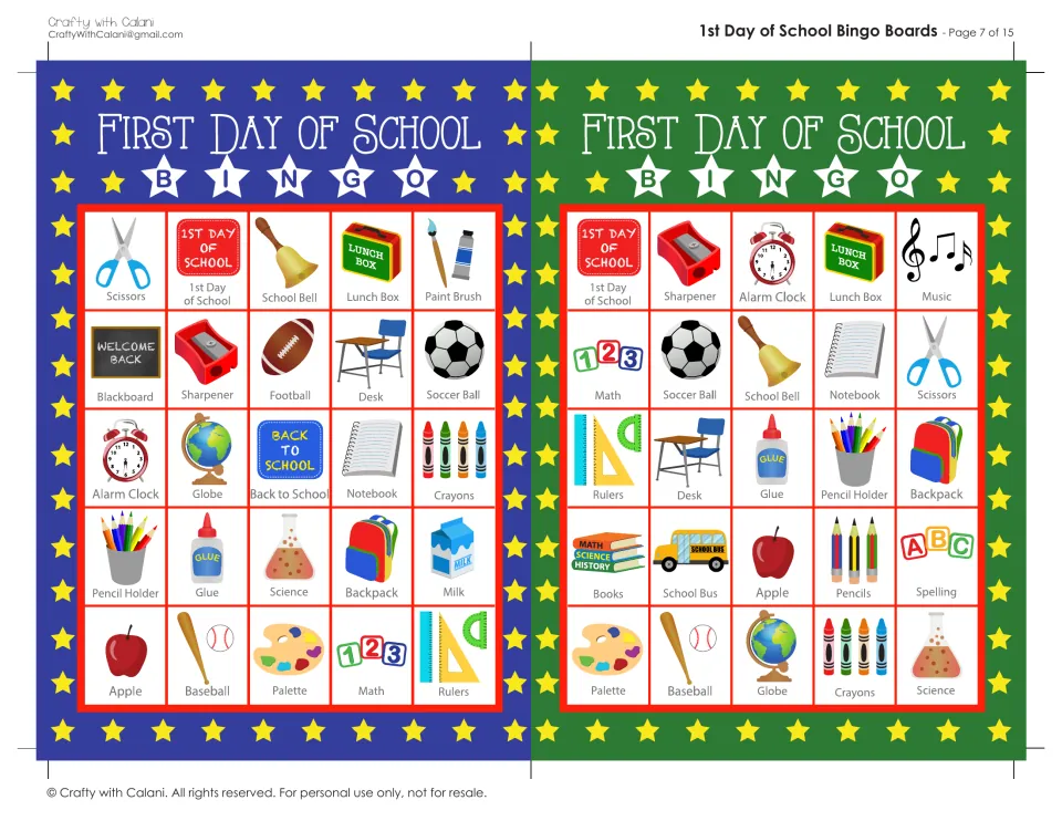 First Day of School bingo boards 13 and 14: students match words to pictures like scissors, lunch box, sharpener and music