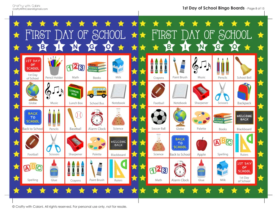 First Day of School bingo boards 15 and 16: students mark pencil holder, math, milk, paint brush and pencils as called