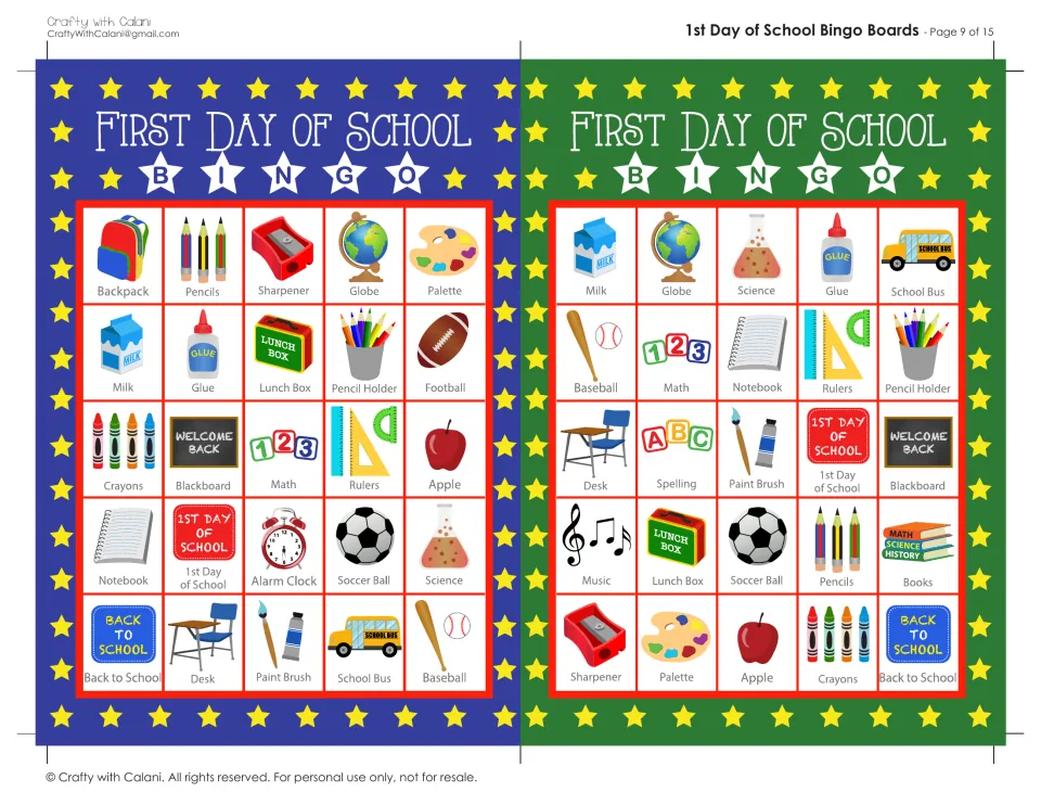 First Day of School bingo boards 17 and 18: students mark backpack, sharpener, globe, science and school bus when called