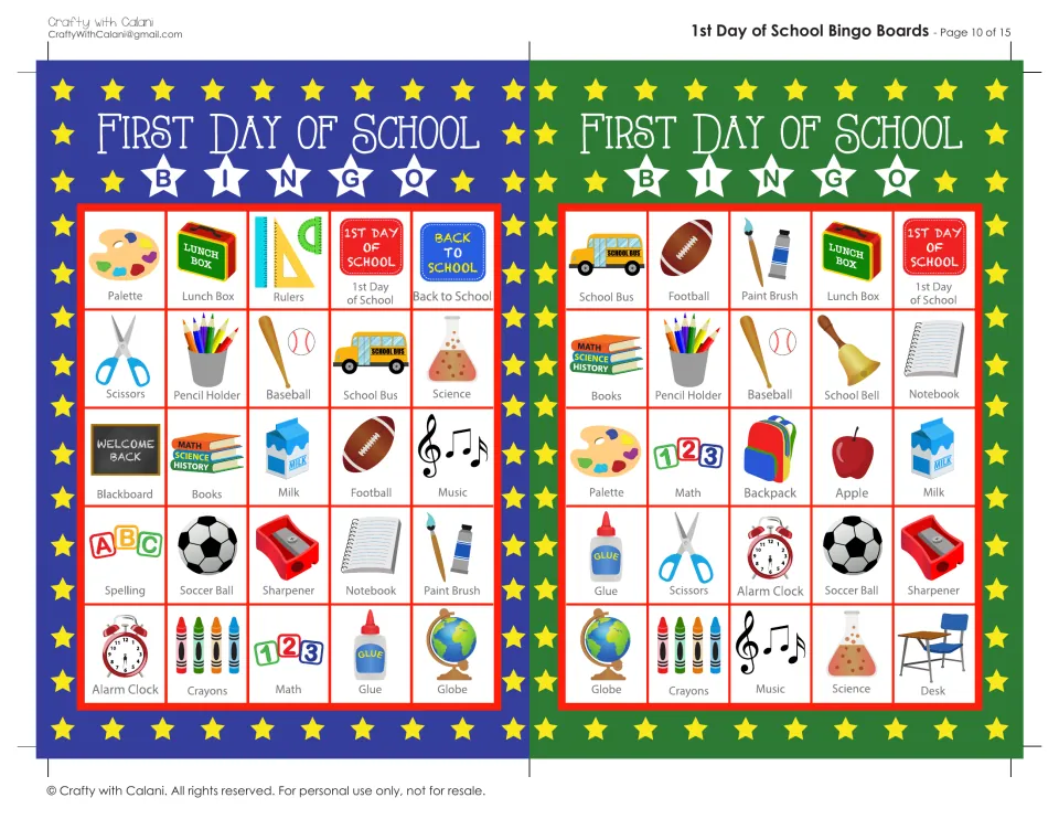 First Day of School bingo boards 19 and 20: students mark palette, rulers, Back to School, football and lunch box