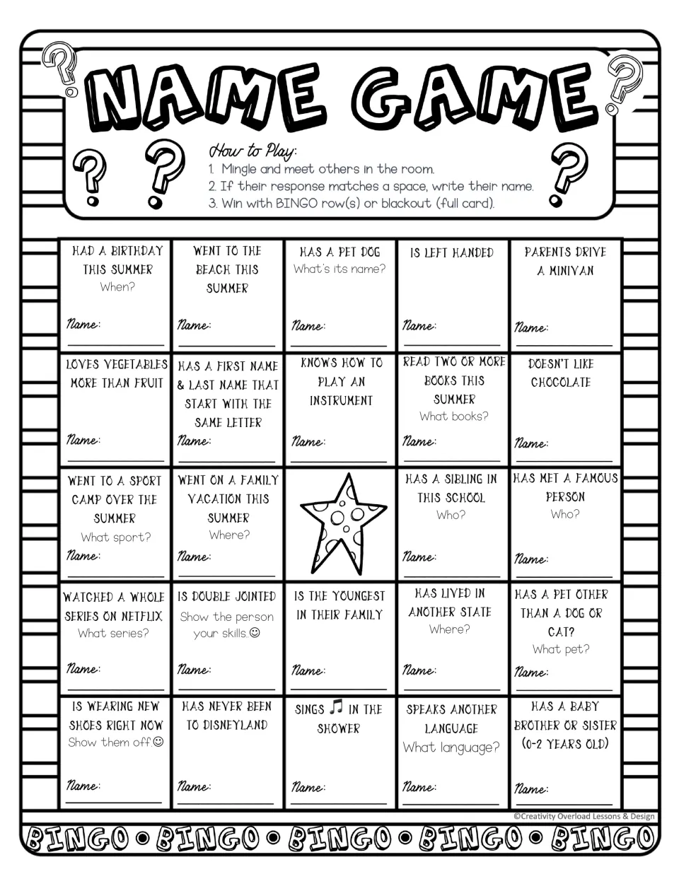 BINGO board 1: find classmates who had a summer birthday, have a pet dog, or know how to play an instrument.