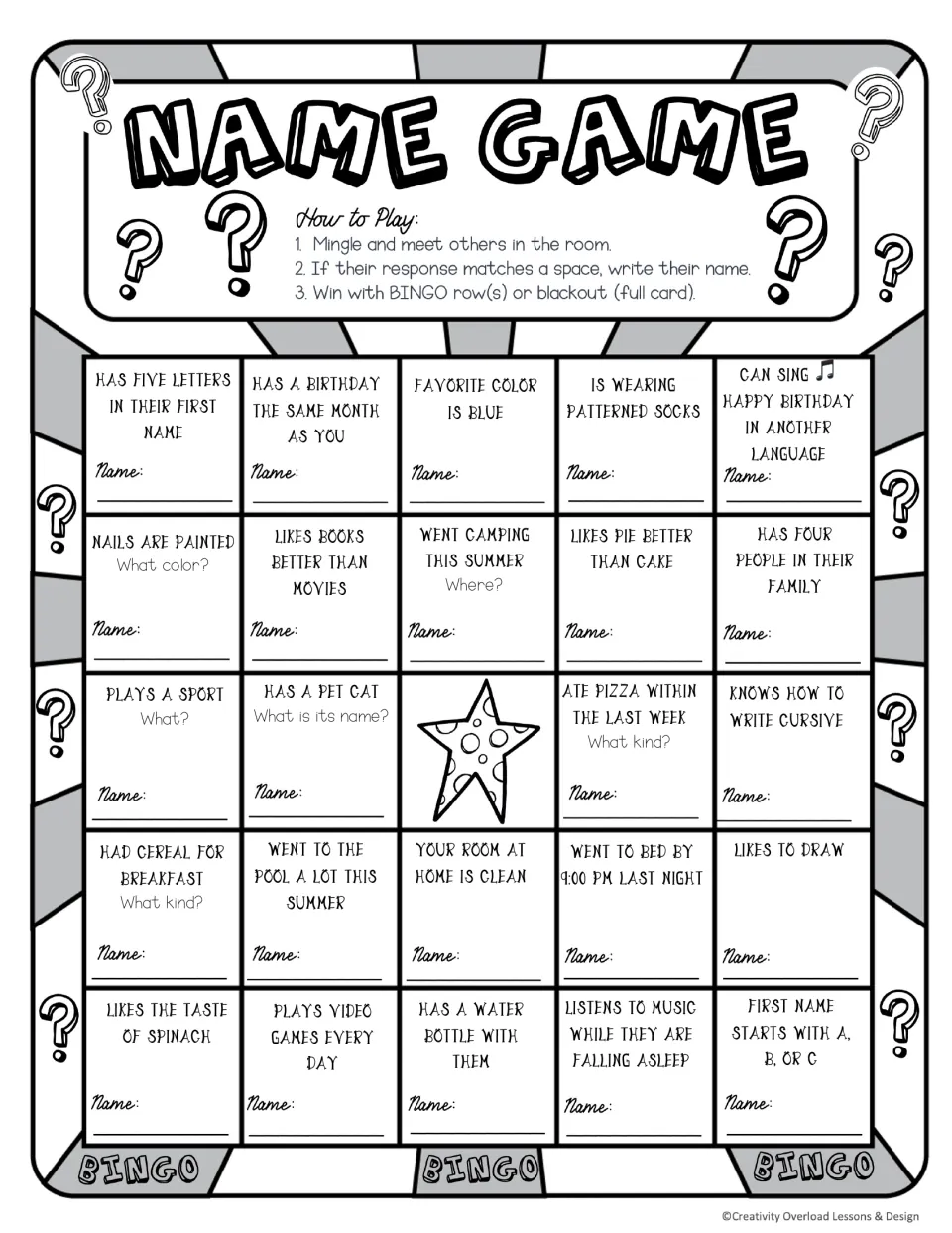 BINGO board 2: find classmates whose favorite color is blue, who went camping, or who like to draw.