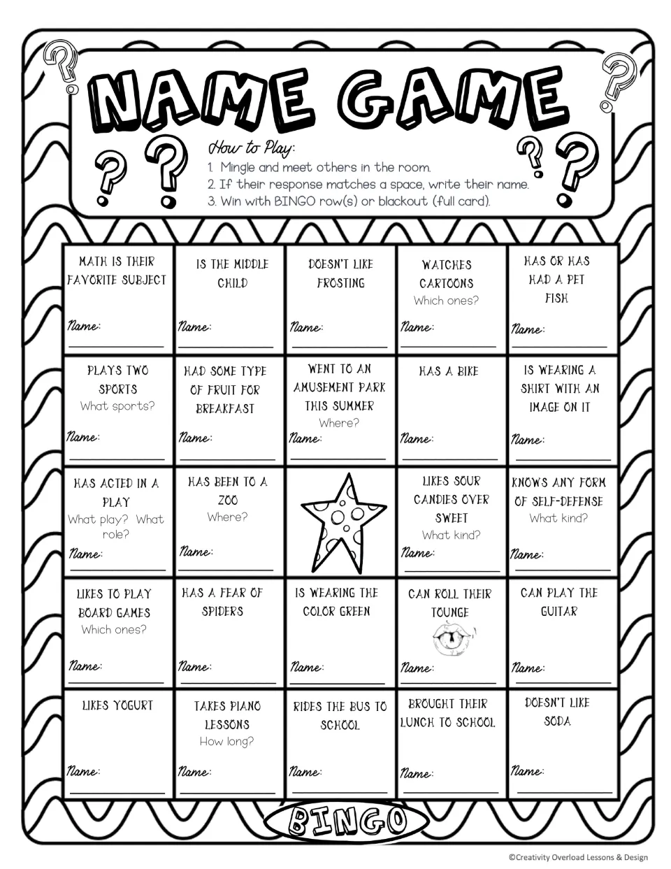 BINGO board 3: find classmates whose favorite subject is math, who have a bike, or who take piano lessons.