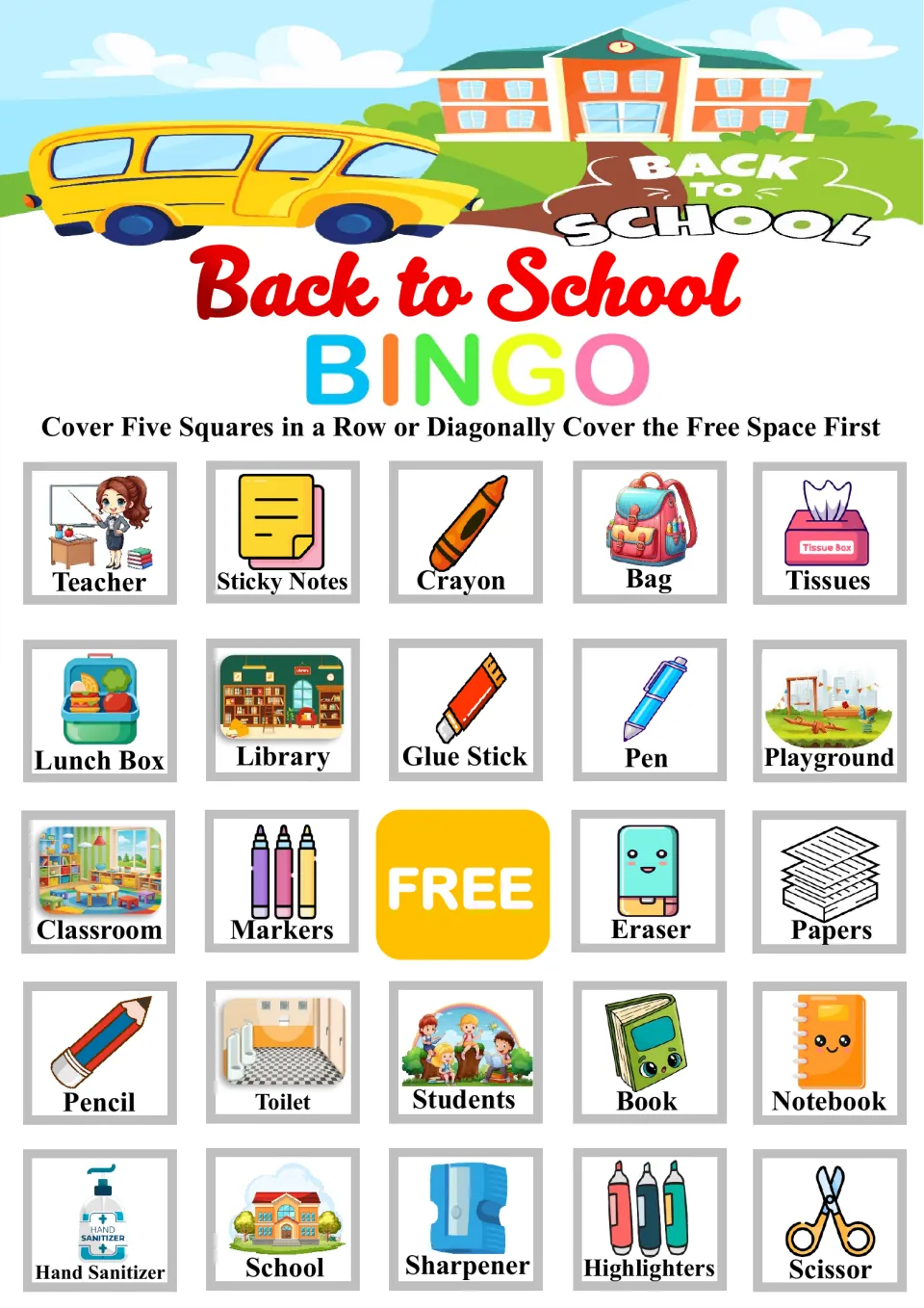 Bingo card of school words opening with Teacher, Sticky Notes and Crayon; students match called words to pictures