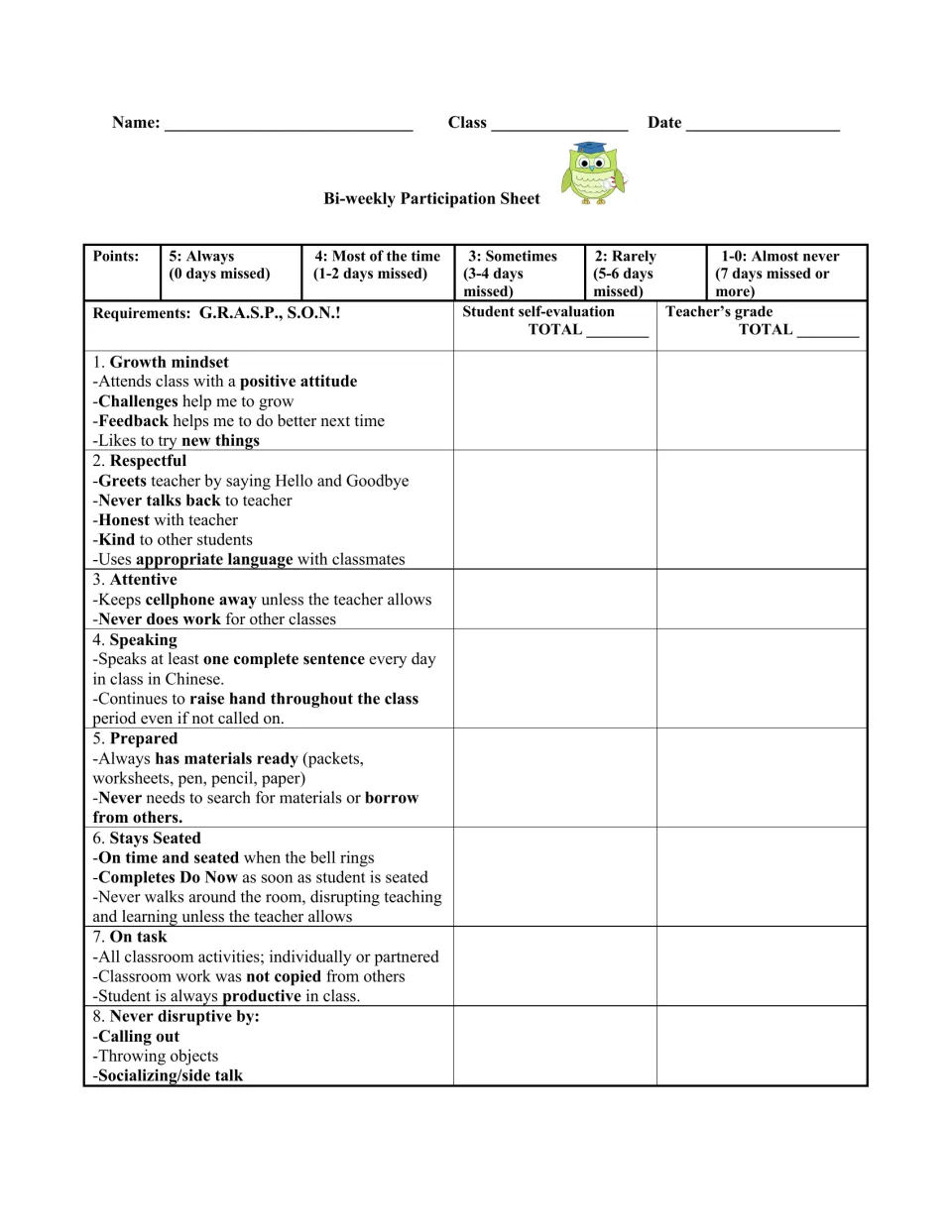 Biweekly participation sheet for student and teacher scores on growth mindset, respect, attention and five more.