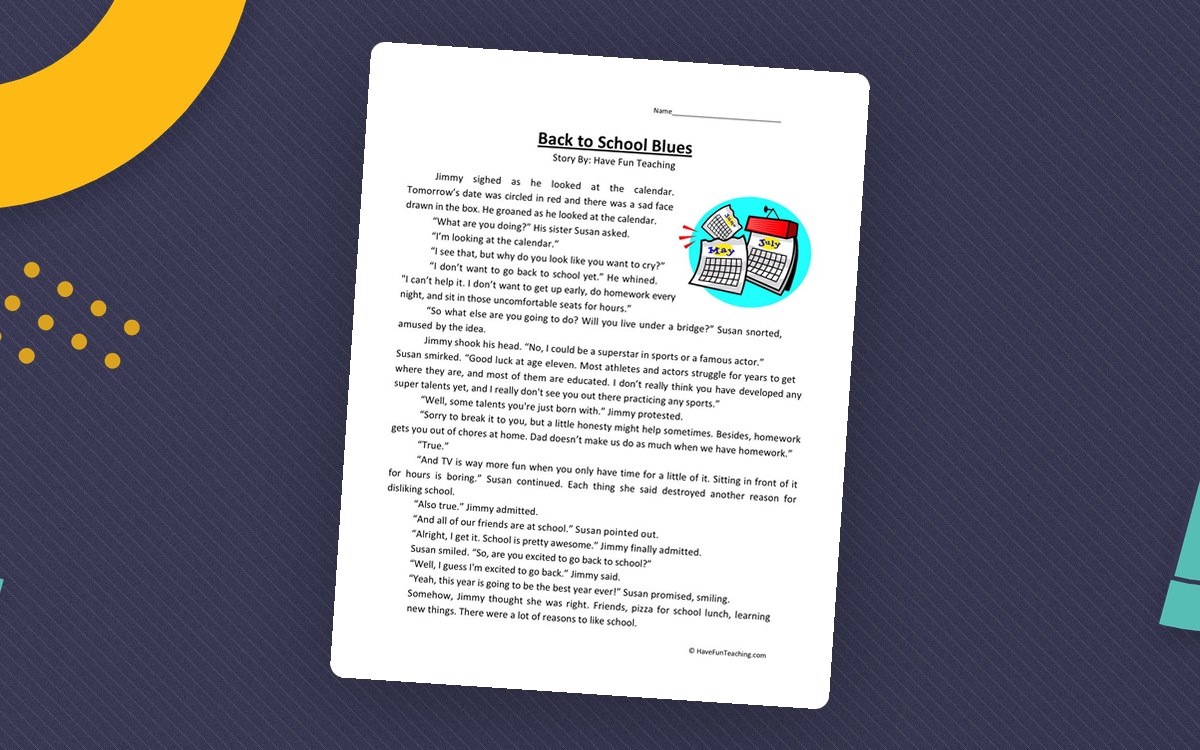 Back to School Blues first image with a full narrative passage and school-supply illustration