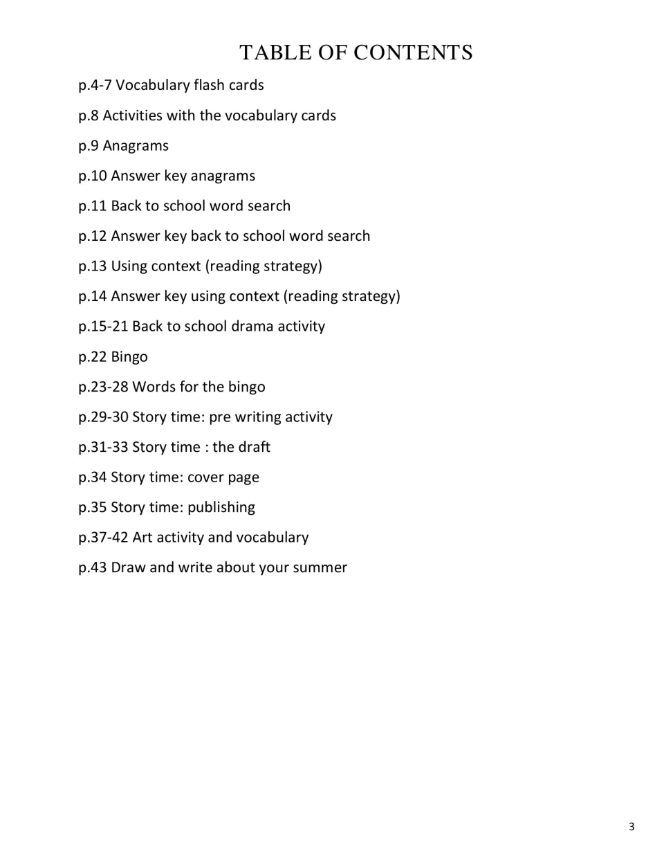 Booklet contents list vocabulary cards, anagrams, word search, drama, bingo, story writing, and art