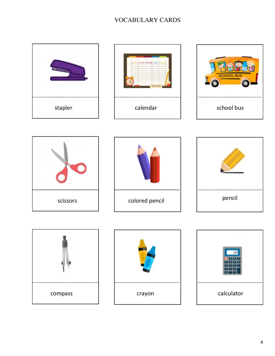 Vocabulary picture cards 1–9 of 36: stapler, calendar, school bus, scissors, colored pencil, and four more