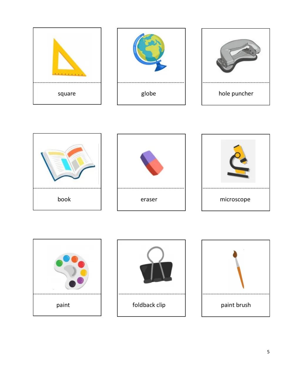 Vocabulary picture cards 10–18 of 36: square, globe, hole puncher, book, eraser, microscope, and three more