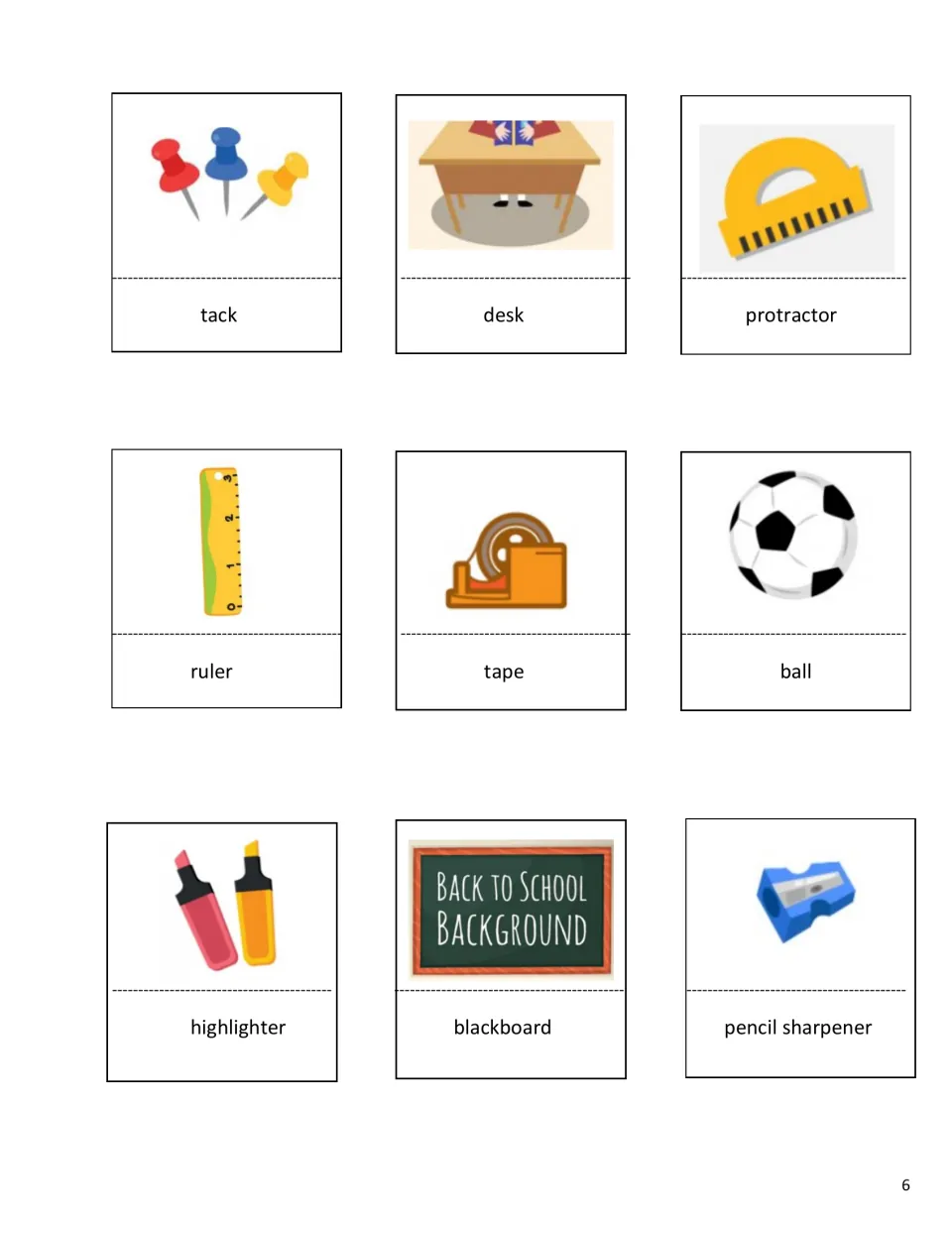 Vocabulary picture cards 19–27 of 36: tack, desk, protractor, ruler, tape, ball, highlighter, and two more