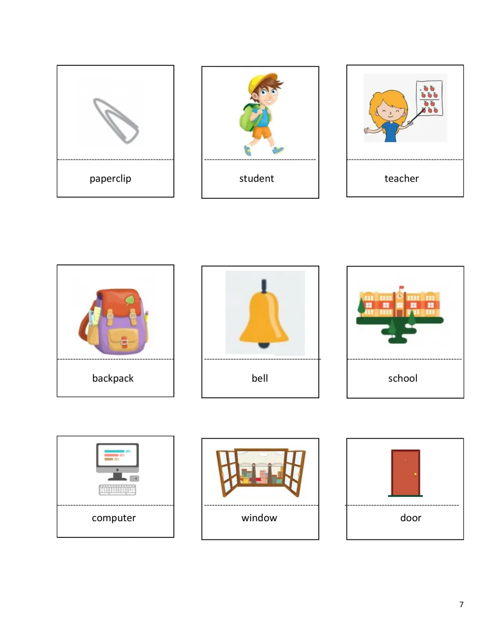 Vocabulary picture cards 28–36 of 36: paperclip, student, teacher, backpack, bell, school, and three more