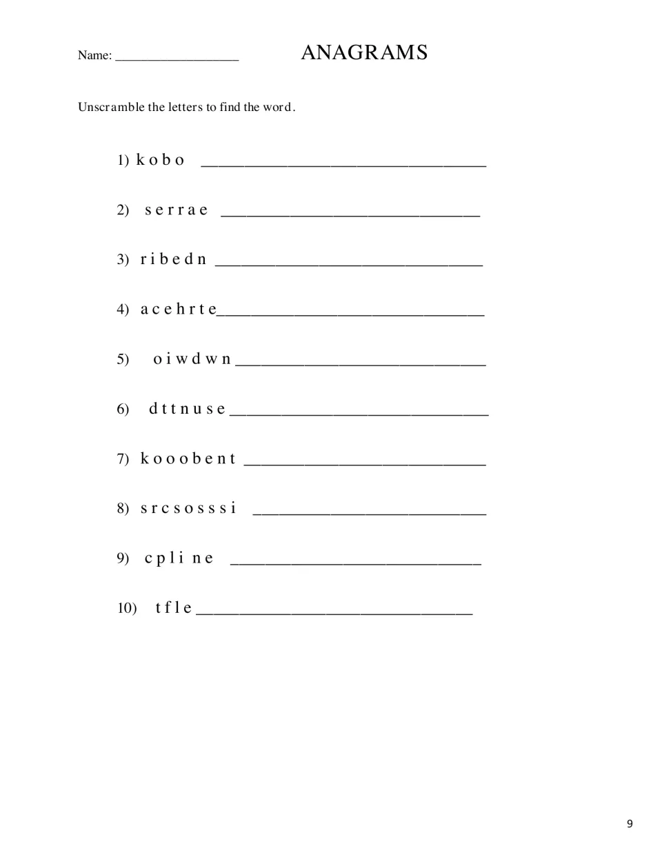 School vocabulary anagram exercise asks students to unscramble 10 words, including kobo, serrae, and ribedn