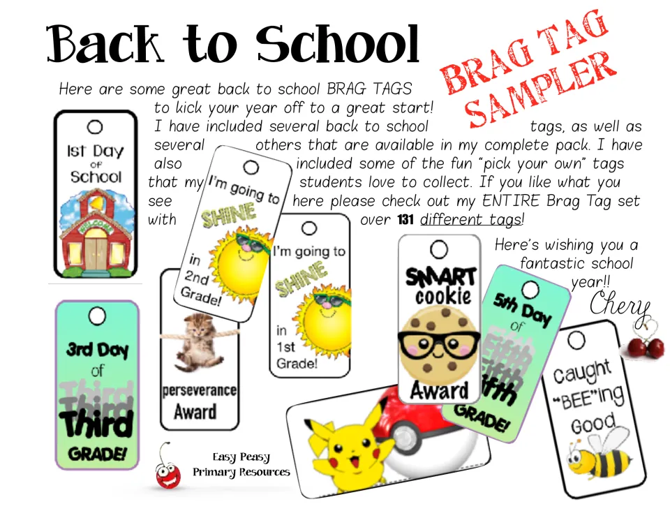 Back to School Brag Tag Sampler cover introduces the printable tags and shows school and award examples.