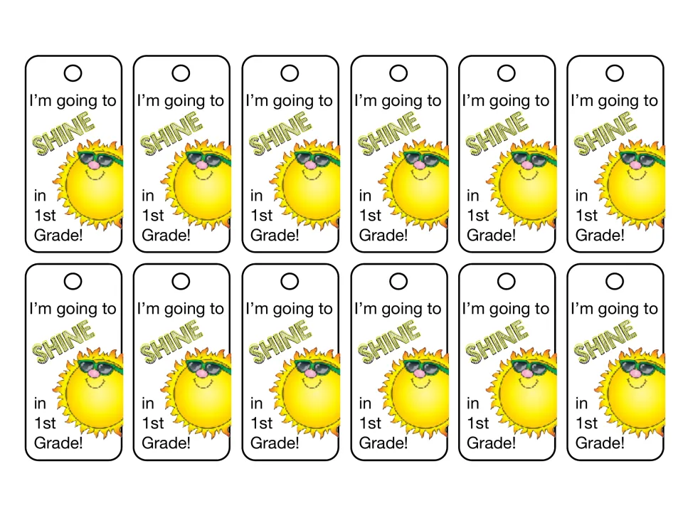 First-grade brag tag sheet contains 12 matching tags reading “I’m going to SHINE in 1st Grade!”