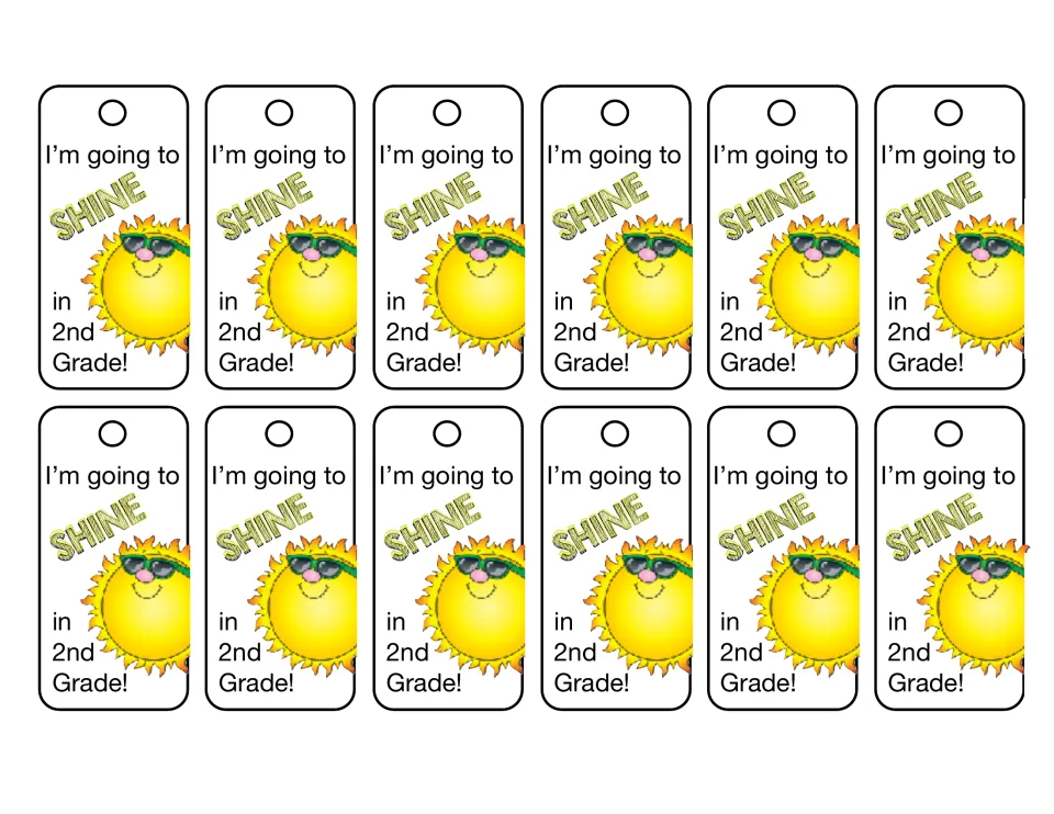 Second-grade brag tag sheet contains 12 matching tags reading “I’m going to SHINE in 2nd Grade!”