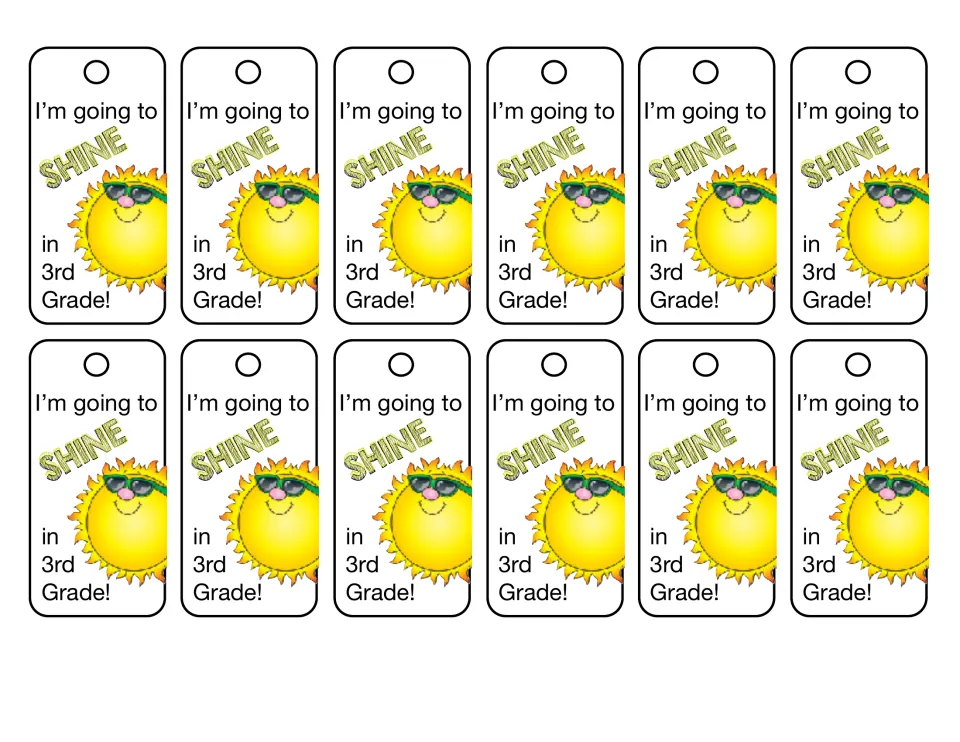 Third-grade brag tag sheet contains 12 matching tags reading “I’m going to SHINE in 3rd Grade!”
