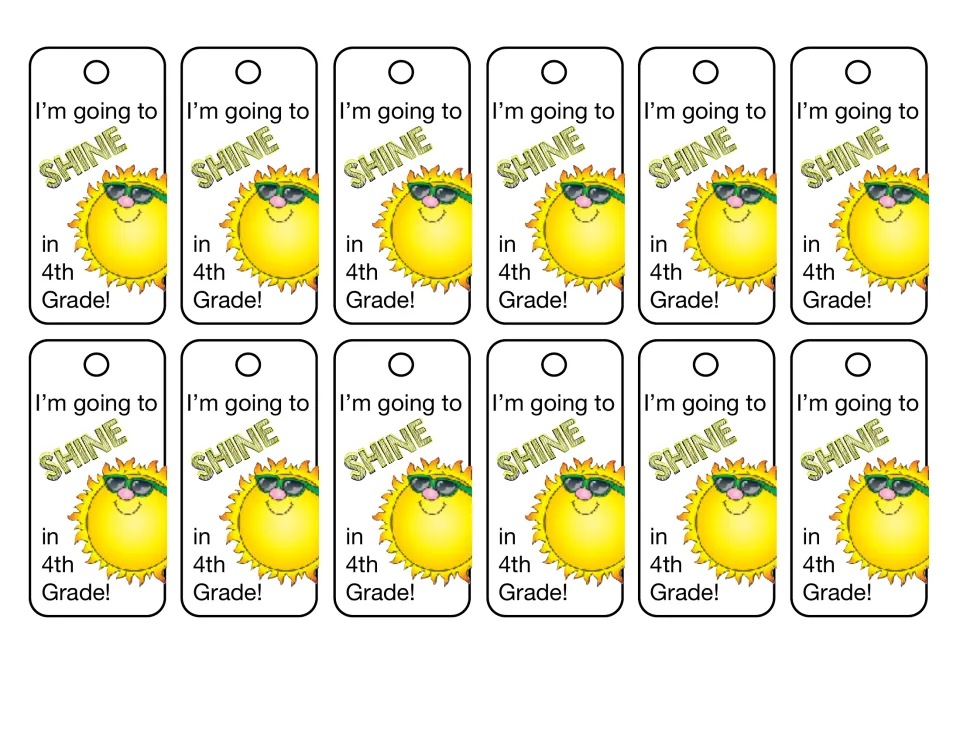 Fourth-grade brag tag sheet contains 12 matching tags reading “I’m going to SHINE in 4th Grade!”