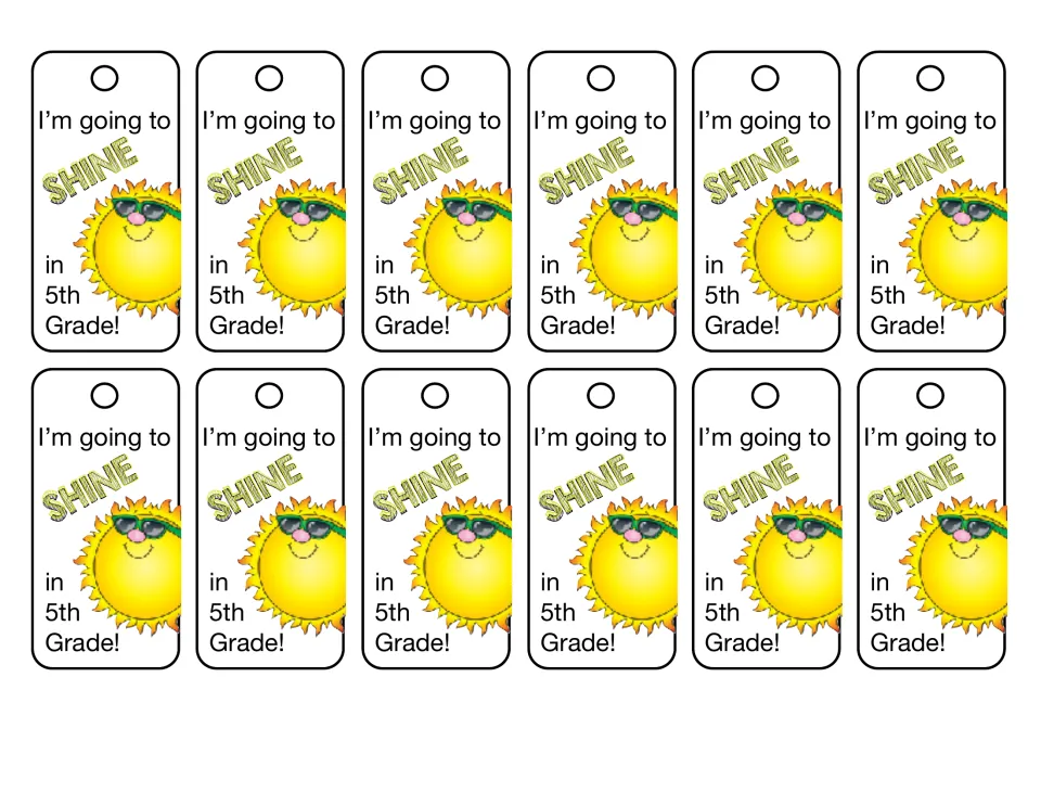 Fifth-grade brag tag sheet contains 12 matching tags reading “I’m going to SHINE in 5th Grade!”