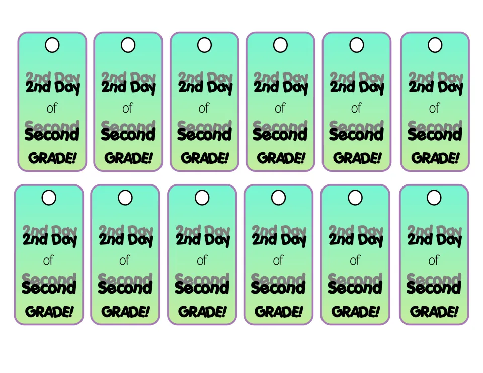 Second-day brag tag sheet contains 12 matching tags celebrating the “2nd Day of Second GRADE!”