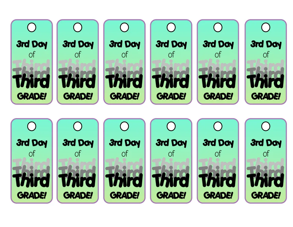 Third-day brag tag sheet contains 12 matching tags celebrating the “3rd Day of Third GRADE!”