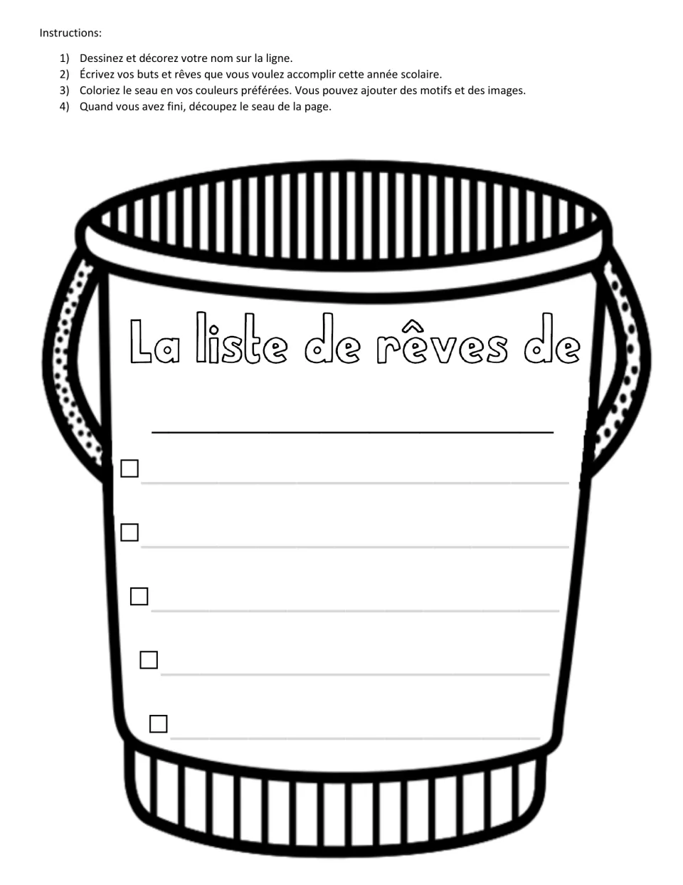 Bucket titled 'La liste de rêves de' (dream list of) with a name line, 5 goals to check and 4 French directions