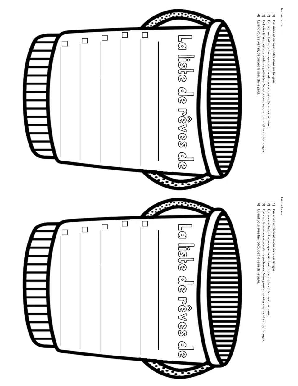 Two 'La liste de rêves de' buckets printed sideways, each with a name line, 5 goal lines and French directions