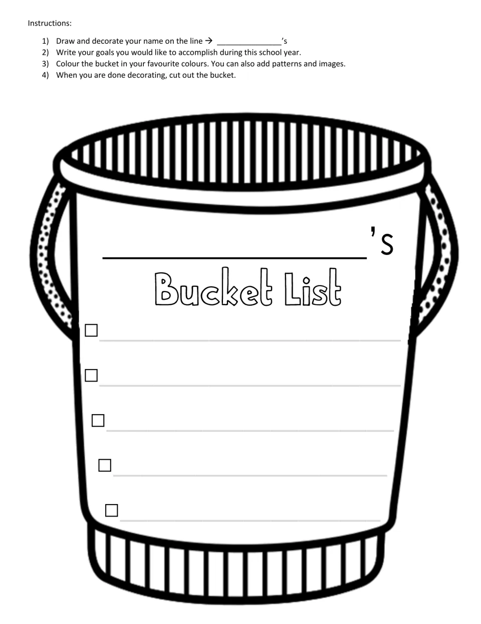 School-year goal setting: students write their name and five goals on a Bucket List pail, then color it and cut it out