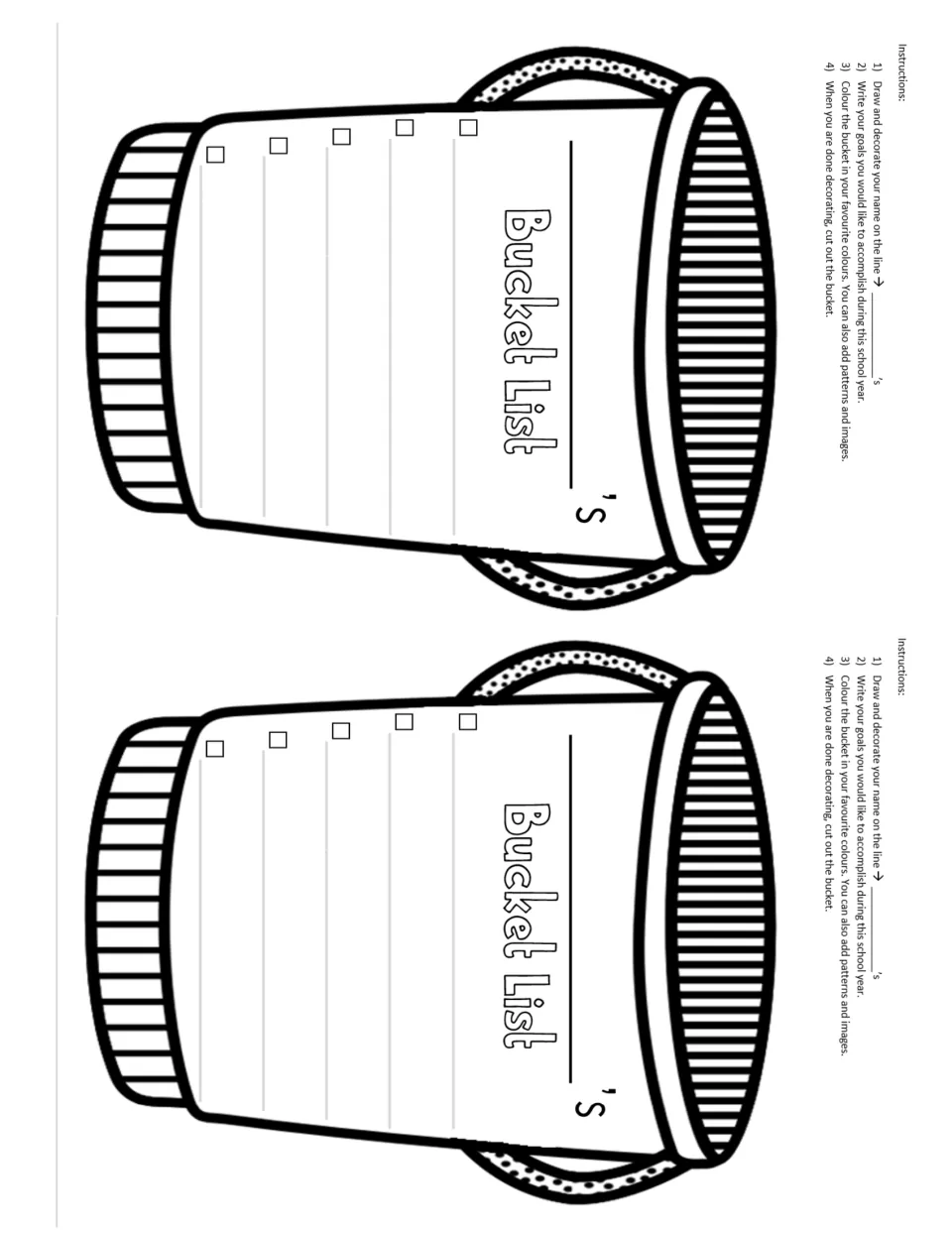 Two smaller sideways Bucket List pails, each with its own instructions, a name line and five goal checkboxes to fill in