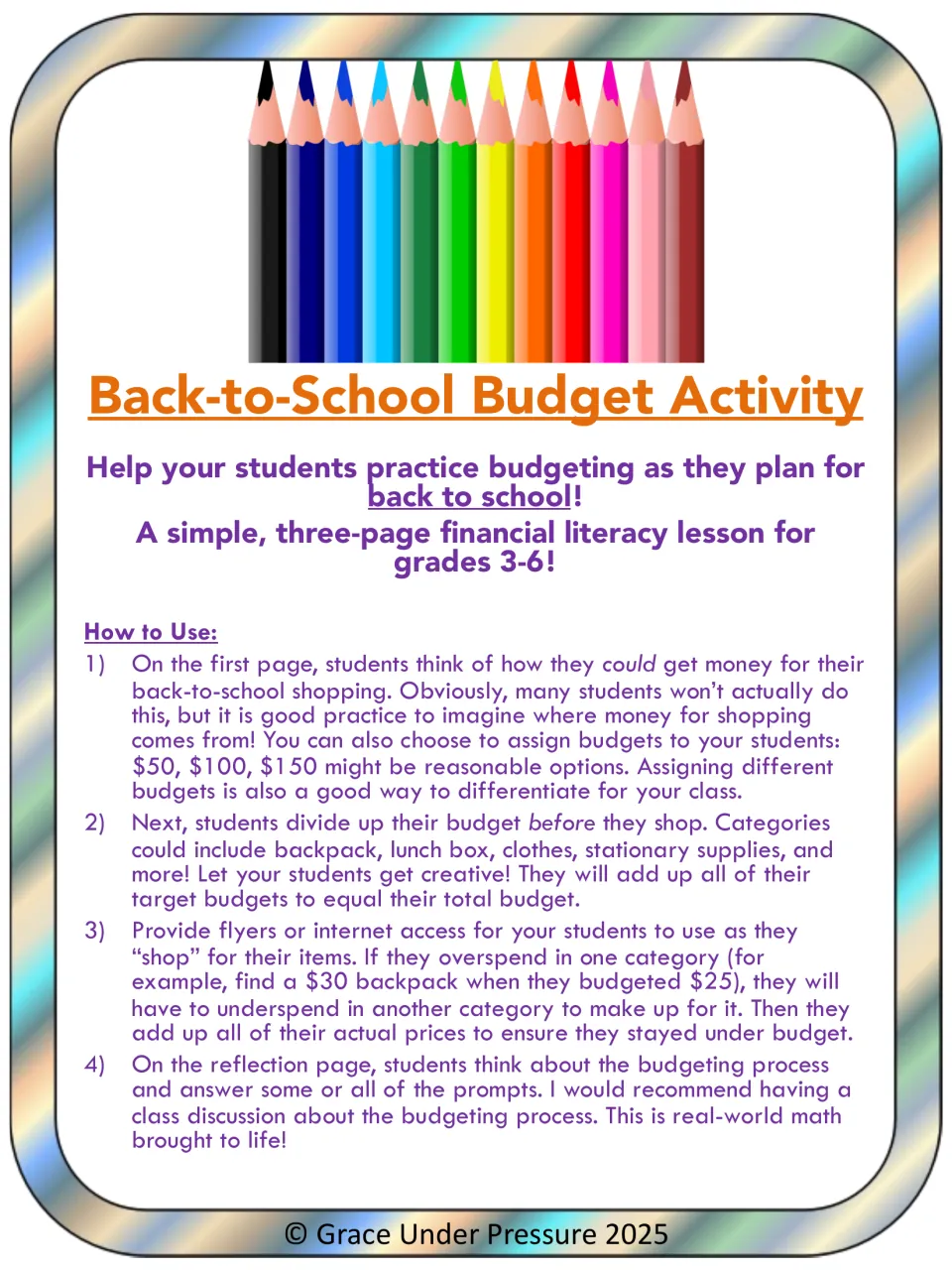 Back-to-School Budget Activity title page: a three-page budgeting lesson, with 4 how-to-use steps for teachers