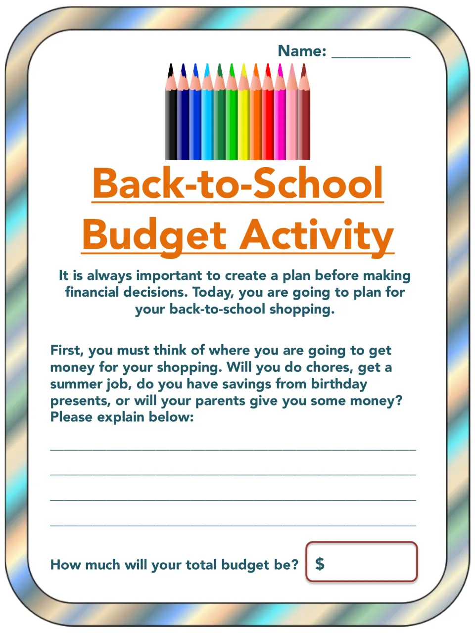 Planning a shopping budget: students explain where their money will come from, such as chores or savings, and set a total