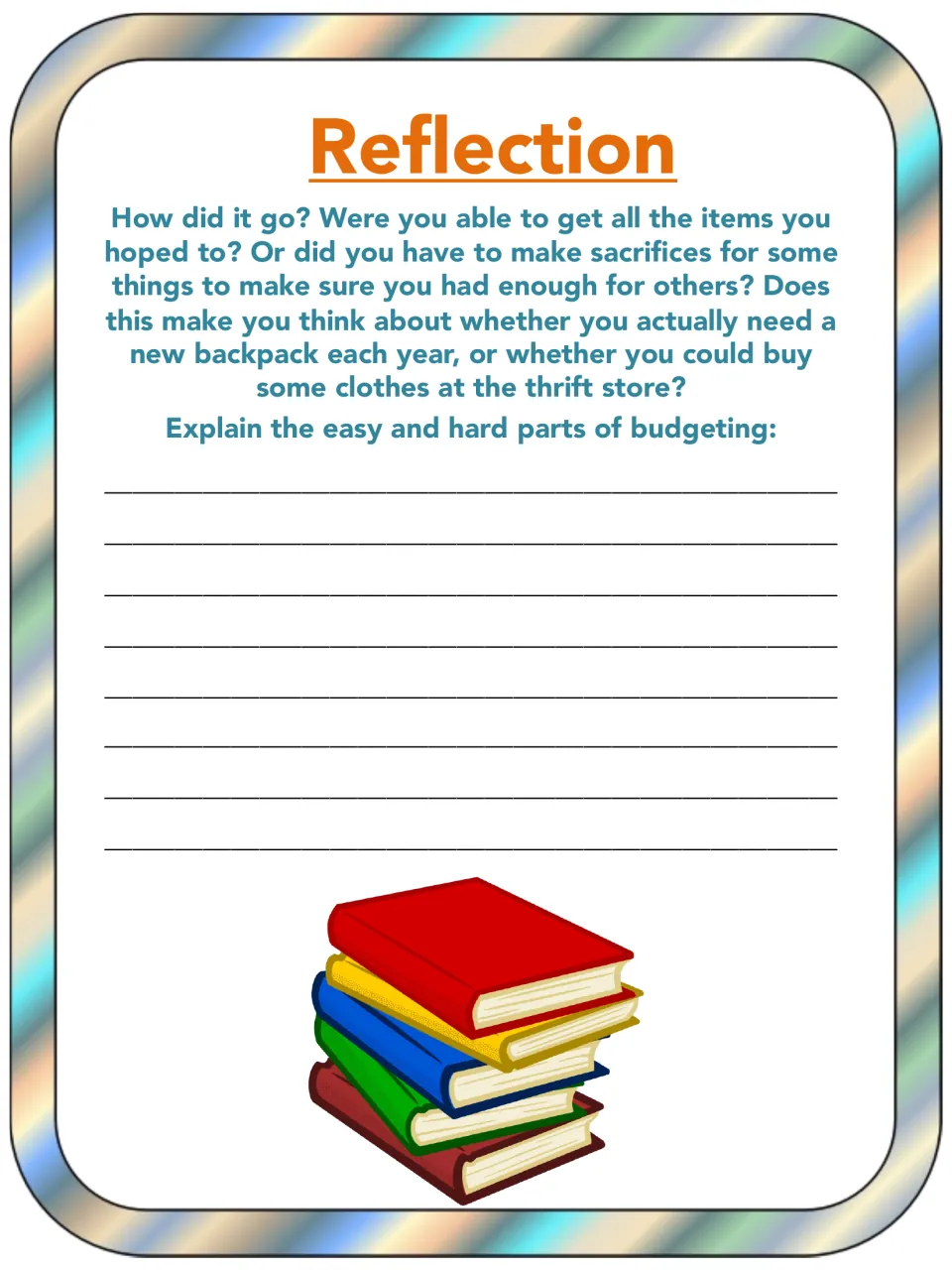 Reflection on budgeting: students explain the easy and hard parts, with trade-offs like a new backpack or thrift clothes