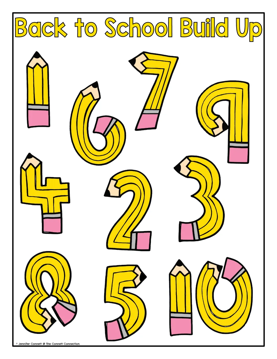 Counting mat featuring yellow pencil-shaped numbers 1–10 for building matching towers of blocks or cubes