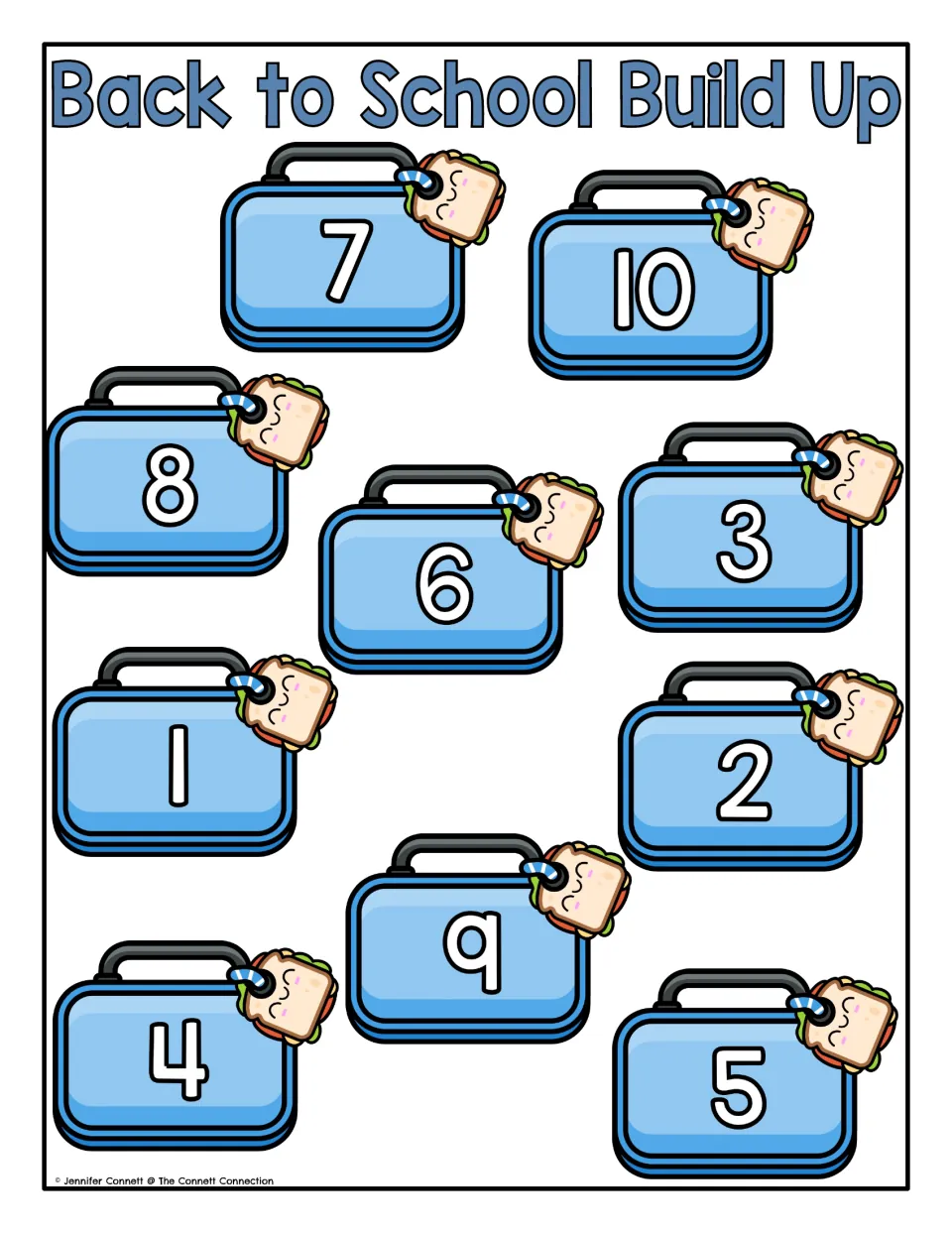 Counting mat featuring ten blue lunch boxes labeled 1–10 for building matching towers of blocks or cubes