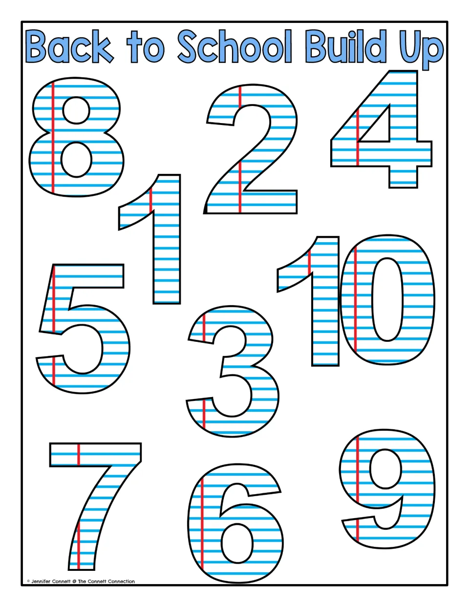 Counting mat featuring notebook-paper numbers 1–10 for building matching towers of blocks or cubes
