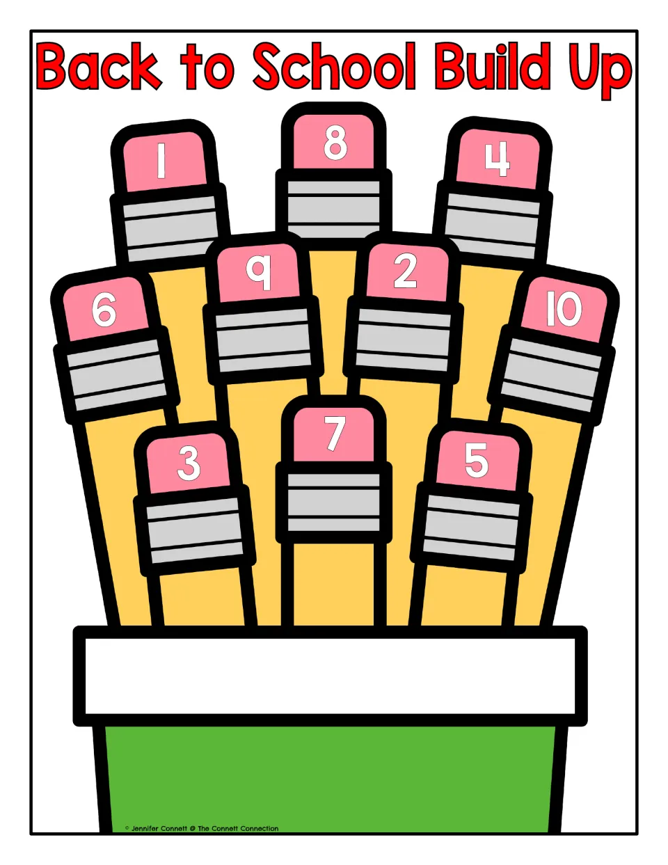 Counting mat featuring ten pencils labeled 1–10 in a pencil cup for building matching towers of cubes