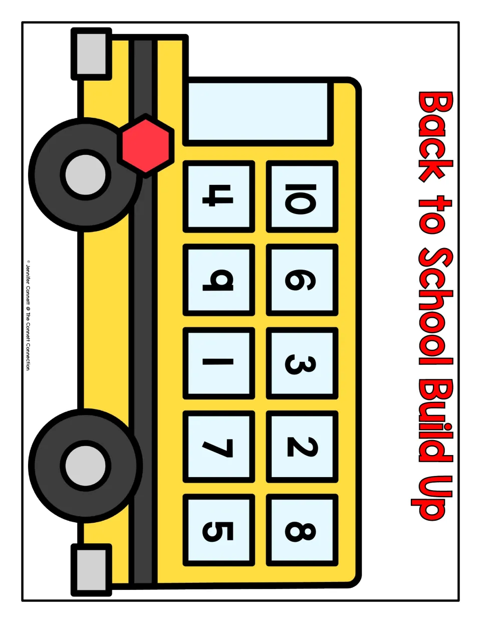 Counting mat featuring a school bus with windows numbered 1–10 for building matching towers of cubes
