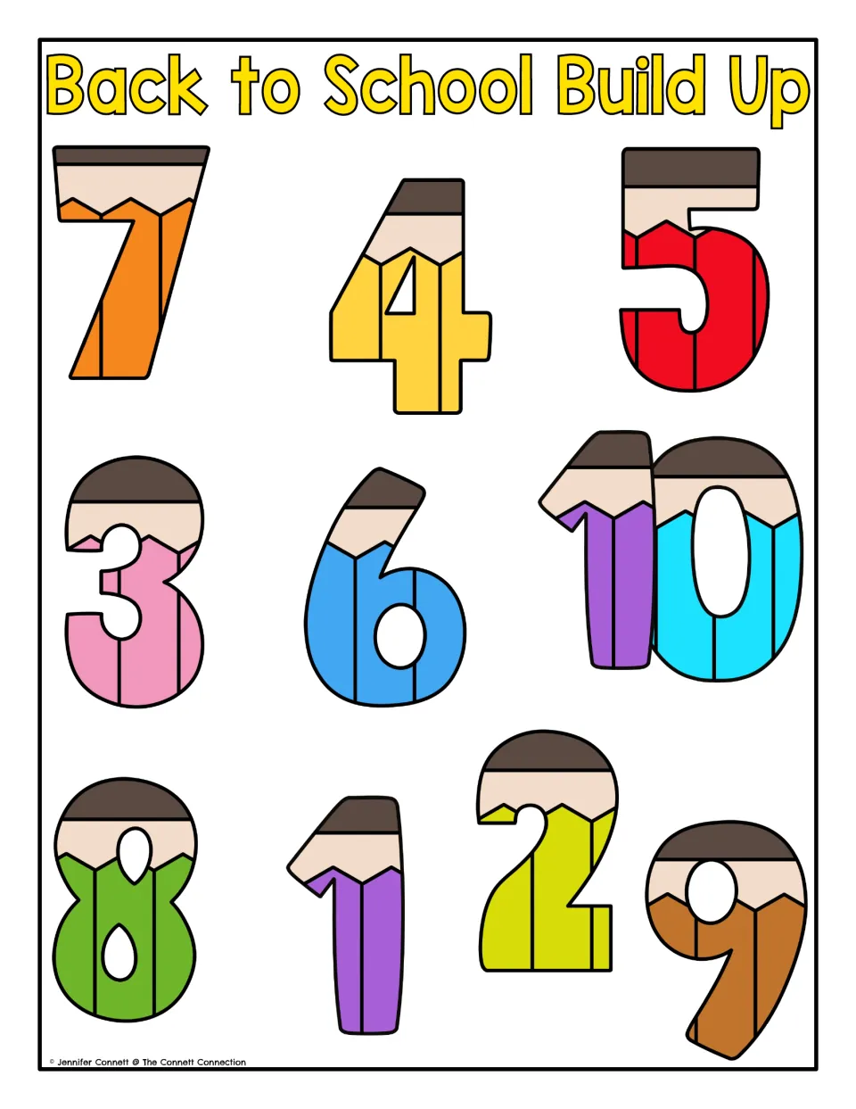 Counting mat featuring colored-pencil numbers 1–10 for building matching towers of blocks or cubes