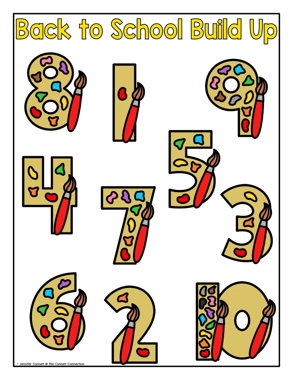 Counting mat featuring paint-palette numbers 1–10 with brushes for building matching towers of cubes