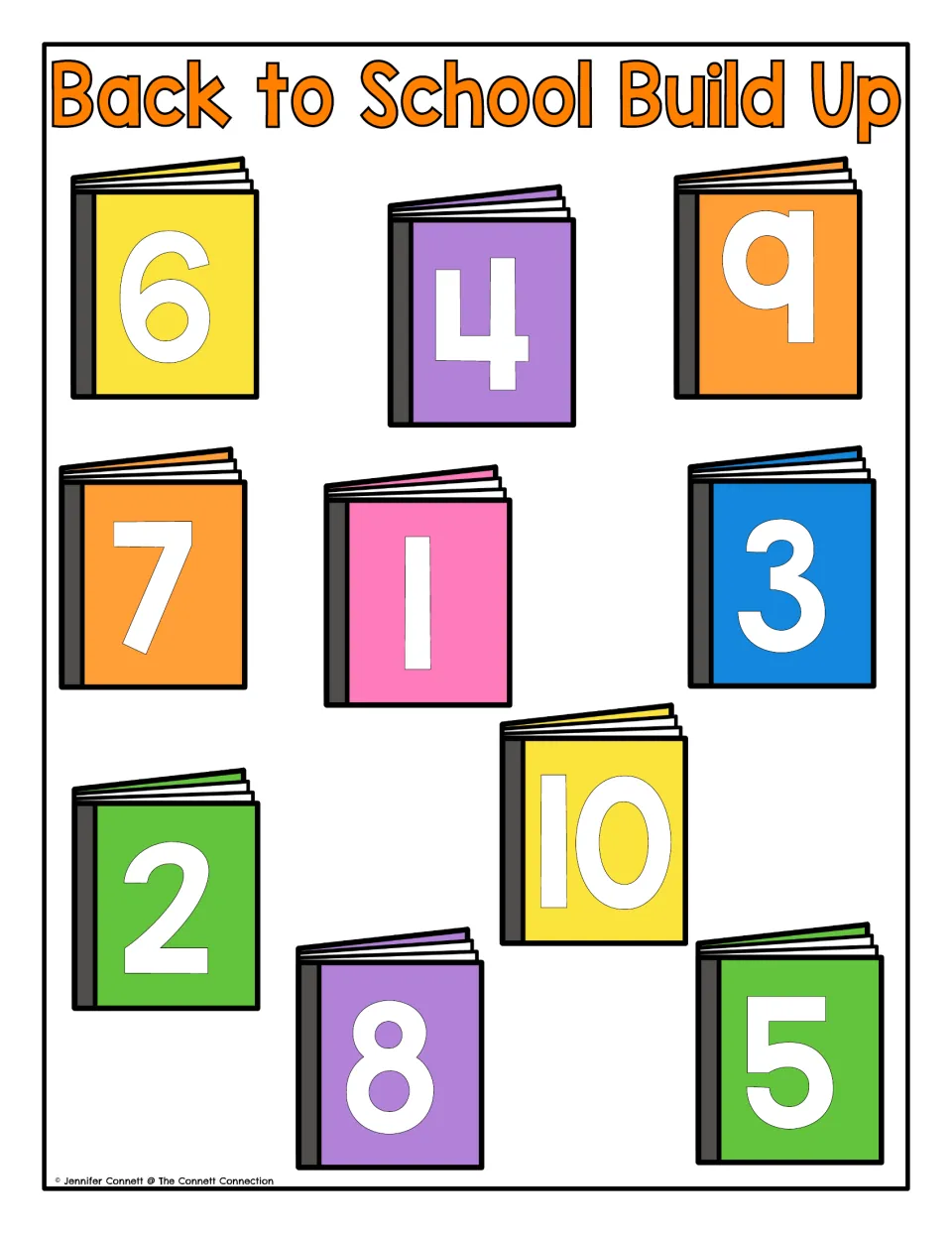 Counting mat featuring ten colorful books labeled 1–10 for building matching towers of blocks or cubes