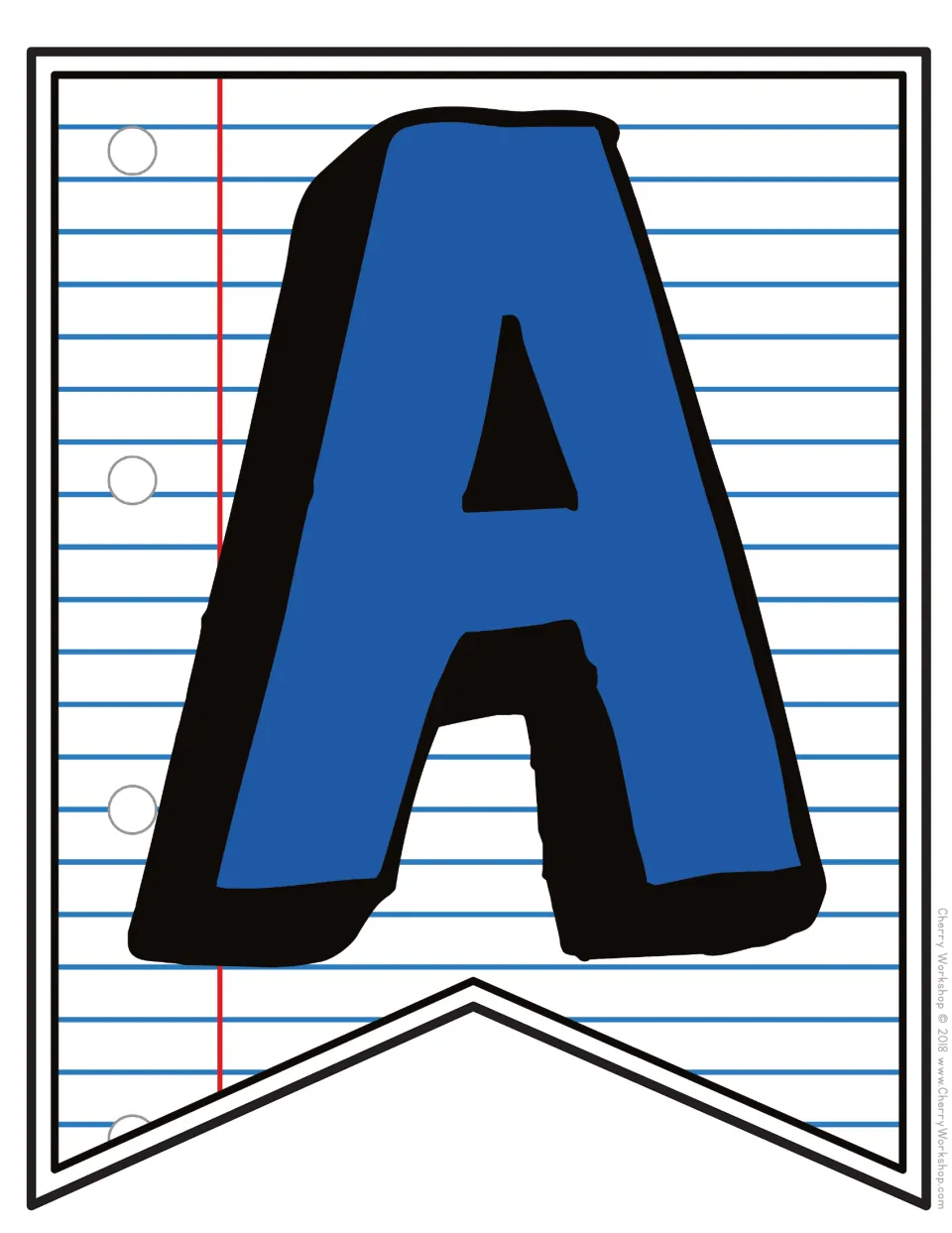 Letter A pennant: a large blue capital A with a black 3D shadow on notebook paper, a full-page piece to print and trim